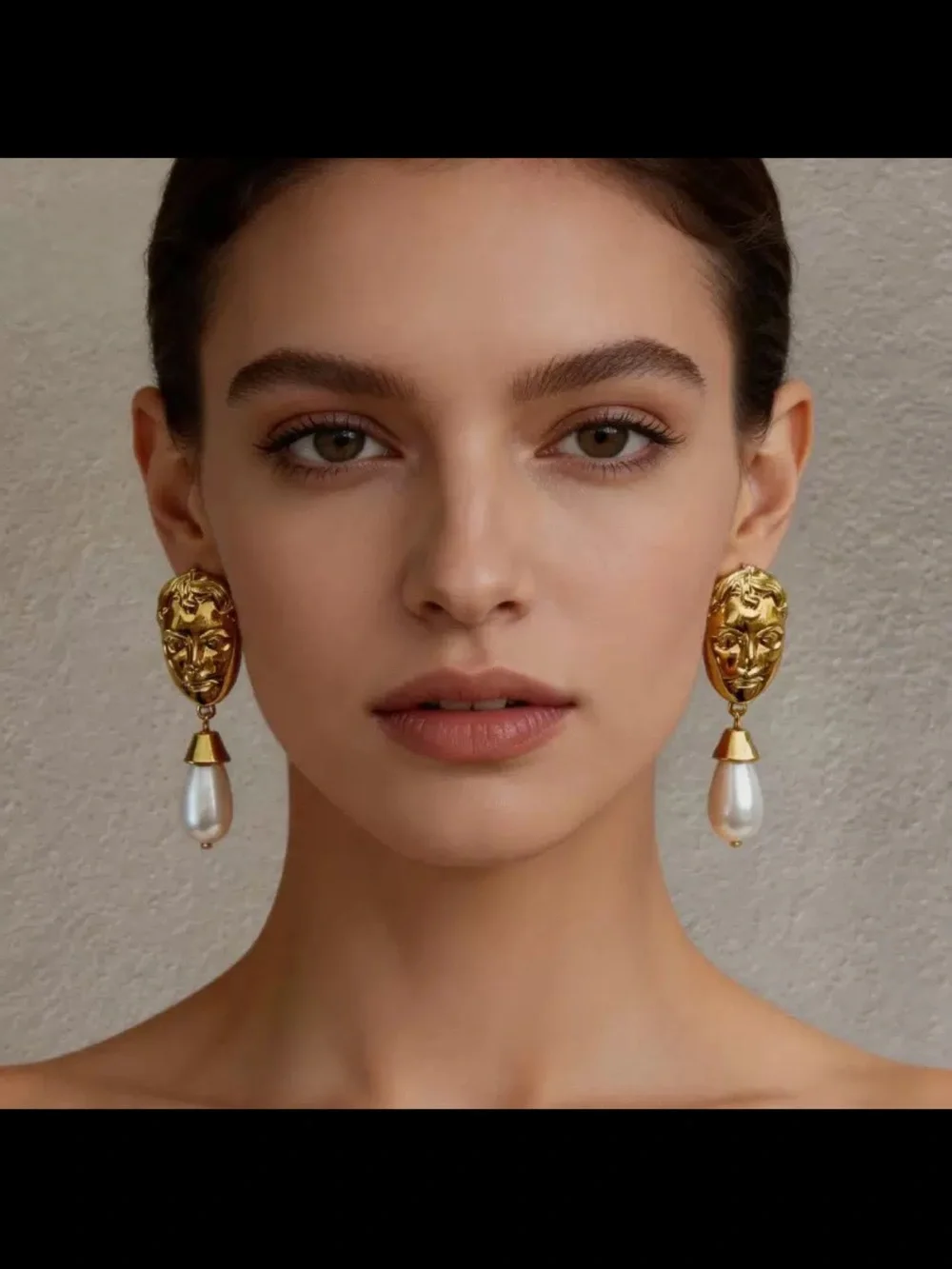 Gold Face Drop Earrings with Pearl Teardrops